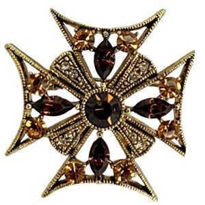 VTG Austrian Crystal Maltese Cross Brooch 1.5" Pin Gold Tone Cottagecore